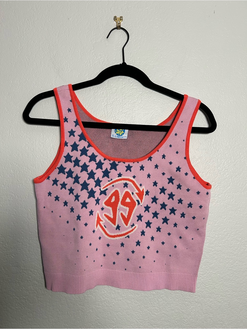 HAPPY99 Pink Star Print Cropped Heavy Knit Tank Top NYC Streetwear size Large